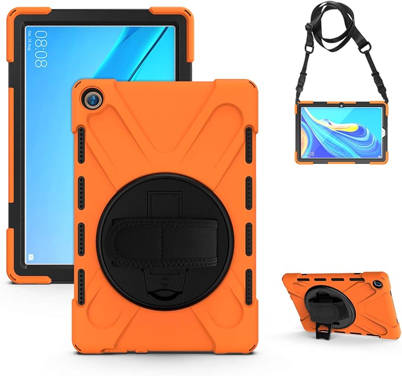 Heavy Duty Shockproof Tablet Cover for Huawei MediaPad M5/M5 Pro 10.8 CMR-AL09 CMR-W09,Three-in-one Shatter-Resistant Shell Rugged Protective Case with Shoulder Strap, Rotating Stand(Orange)
