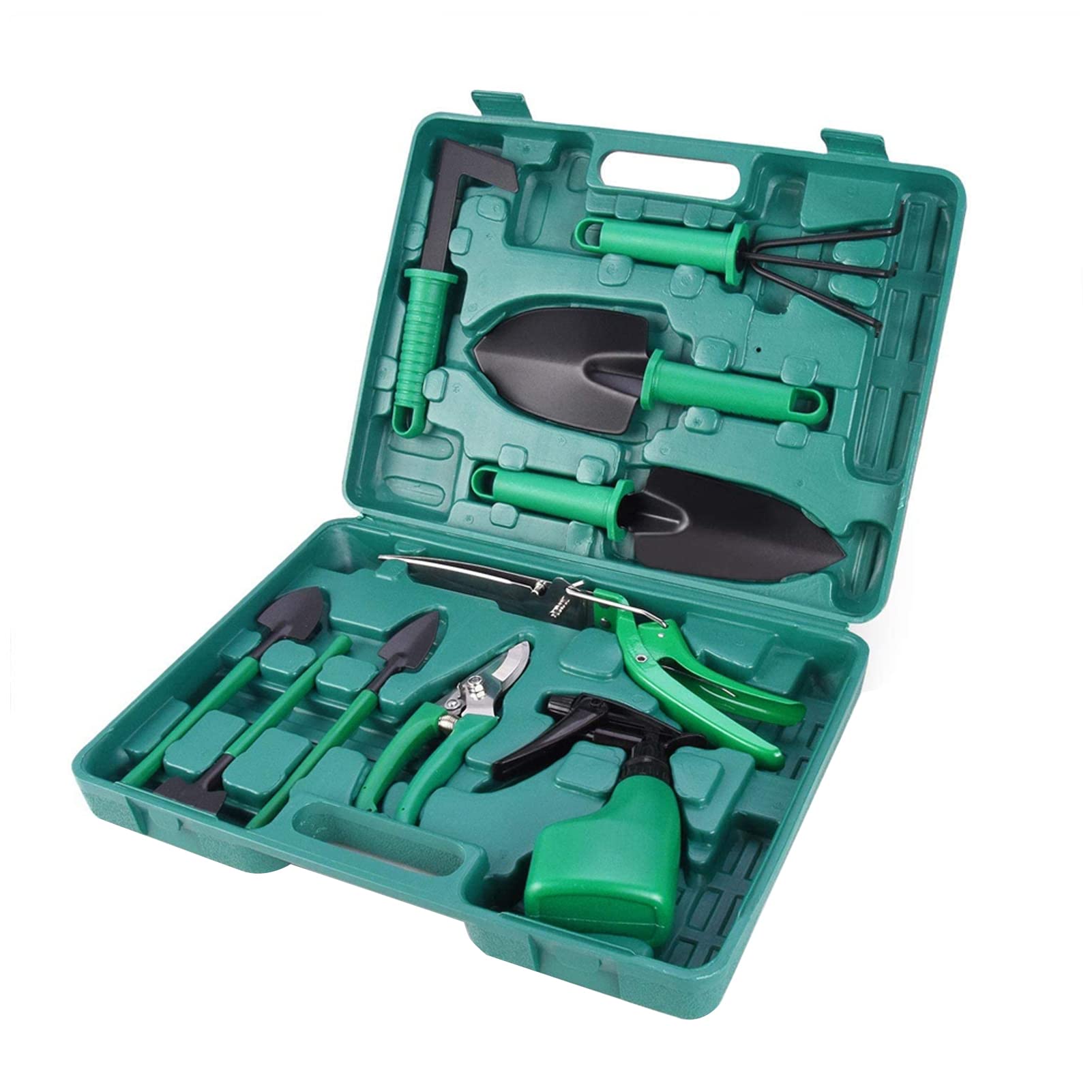 Set di attrezzi da giardino da 10 pezzi in acciaio inox con valigetta organizer, set da giardinaggio ad alte prestazioni con cesoie da giardino, rastrello, pala grande e piccola, spruzzatore, forbici
