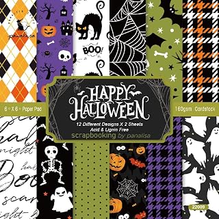 24 Sheets 6'' x 6'' Single-sided Halloween Pattern Scrapbook Paper, Skeleton Pumpkin Spider Ghost Print Cardstock Paper, Halloween Decorative Craft Paper for Card Making Photo Album Journal