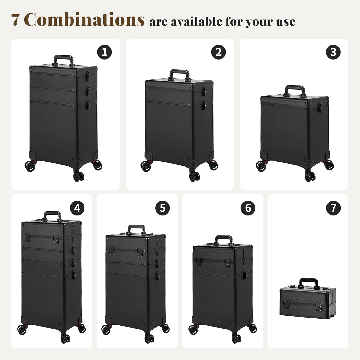 Profesional Rolling Makeup Train Case with Lid, 5 in 1 Cosmetology Case on Wheels, Large Cosmetic Trolley Organizer Travel for Hairstylist Artist Nail Beauty Salon Barber, Black