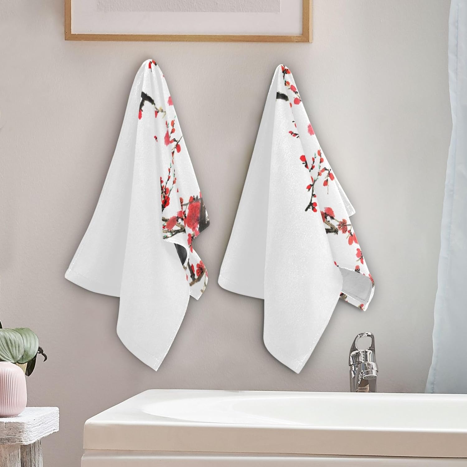 2 Pack Red Cherry Blossom Hand Towels Soft Absorbent Spring Asian Japanese Blooming Plum Flower Style Bathroom Decor 14"x28" Guest Face Bath Towels,Decorative Towels for Bathroom,Kitchen - Image 3