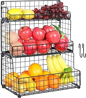 Wire Fruit Vegetable Basket Bowl with 2 Banana Hanger 3 Tier Wall-mounted Countertop Stackable Fruit Holder Stand Pantry S...