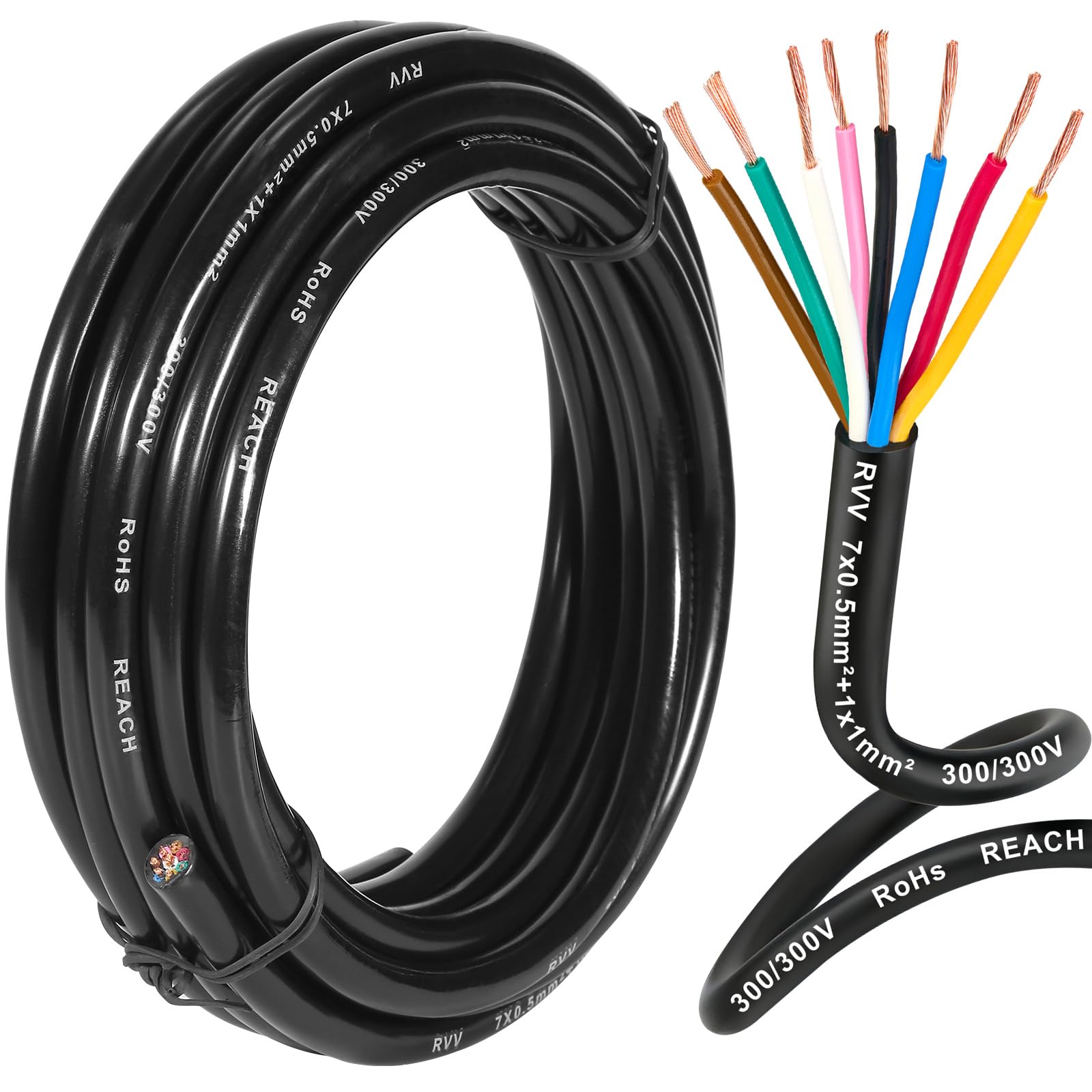 D-TECH 8 Adriges Anhängerkabel Fahrzeugkabel 10M,Rundkabel 8 Adriges Anhängerkabel Elektrokabel, 5V-80V 8 poliges Anhängerkabel LED Rücklichter Verkabelung Kable (7x0,5 mm²+1x1 mm²)