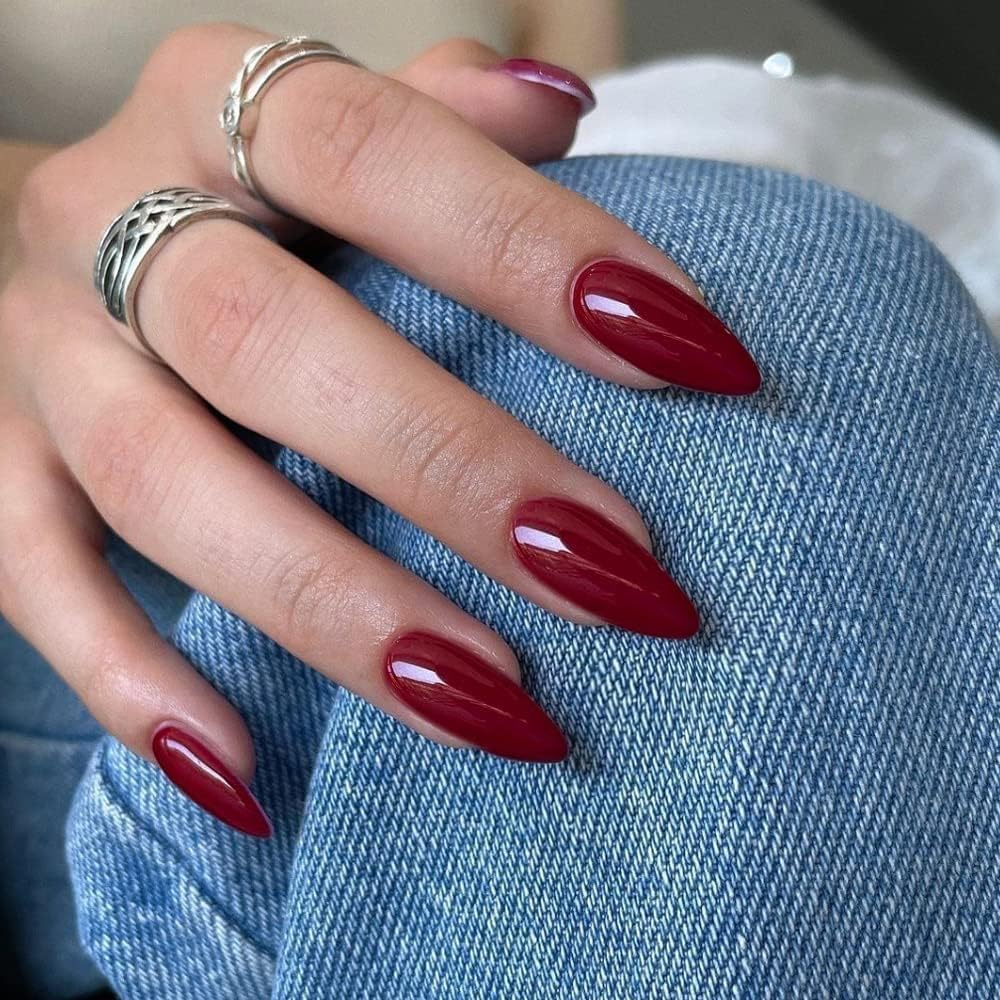 KQueenest Soft Gel Press on Nails Almond Medium, Red False Nails Almond, Glossy Solid Wine Red Fake Nails Set