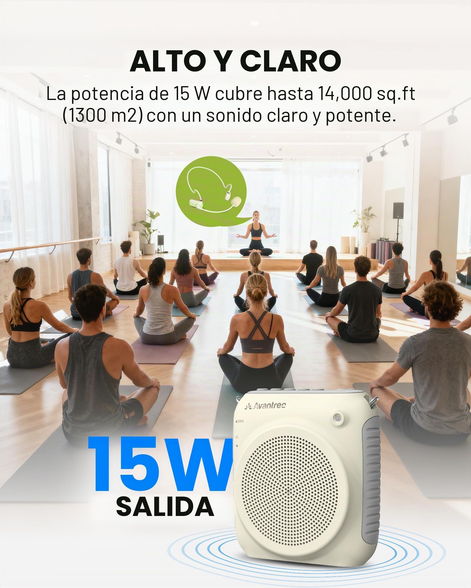 Avantree VoxAmp Lite – Amplificador de Voz Inalámbrico para Profesores y Aulas, Habla Mientras Reproduces Audio Bluetooth, Altavoz de 15W con Micrófono de Diadema, Grabación y Reproducción USB