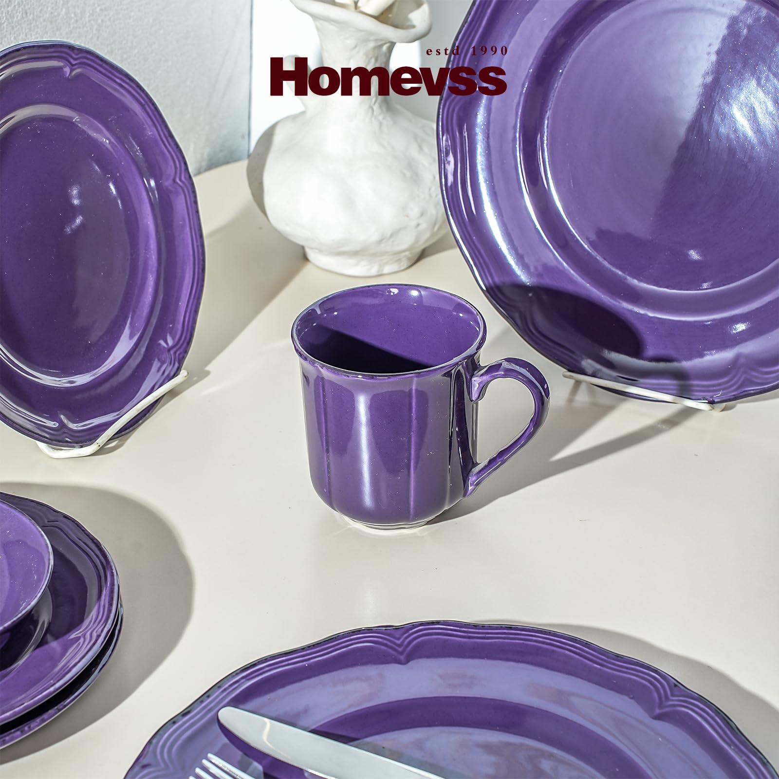 Juego de vajilla de 20 piezas, juego de platos y cuencos, vajilla de gres para 4 personas, apta para microondas y lavavajillas, resistente a los arañazos, color morado antiguo moteado estilo campestre