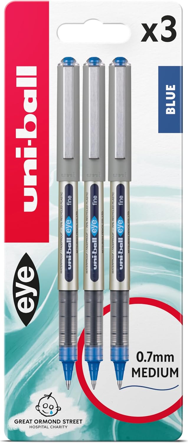 uni-ball UB-157 Eye Rollerball Pens. Premium Fine 0.7mm Ballpoint Tip for Super Smooth Handwriting, Drawing, Art, Crafts and Colouring. Fade and Water Resistant Liquid Uni Super Ink. Pack of 3 Blue
