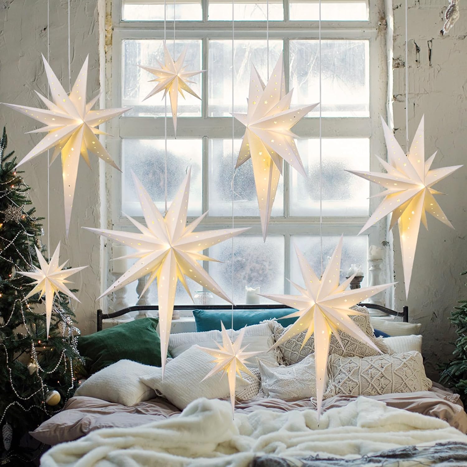 2 Set Lighted Bethlehem Paper Star Lanterns White Christmas Bethlehem Lights Decoration Fold Flat Xmas Star Hanging Lampshade Battery Operated for Holiday Indoor Outdoor Decor(26'')
