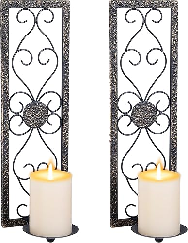 Candelabro de pared de metal para colgar en la pared, decoración de pared para el hogar, sala de estar, baño, comedor, juego de 2 (negro y dorado)