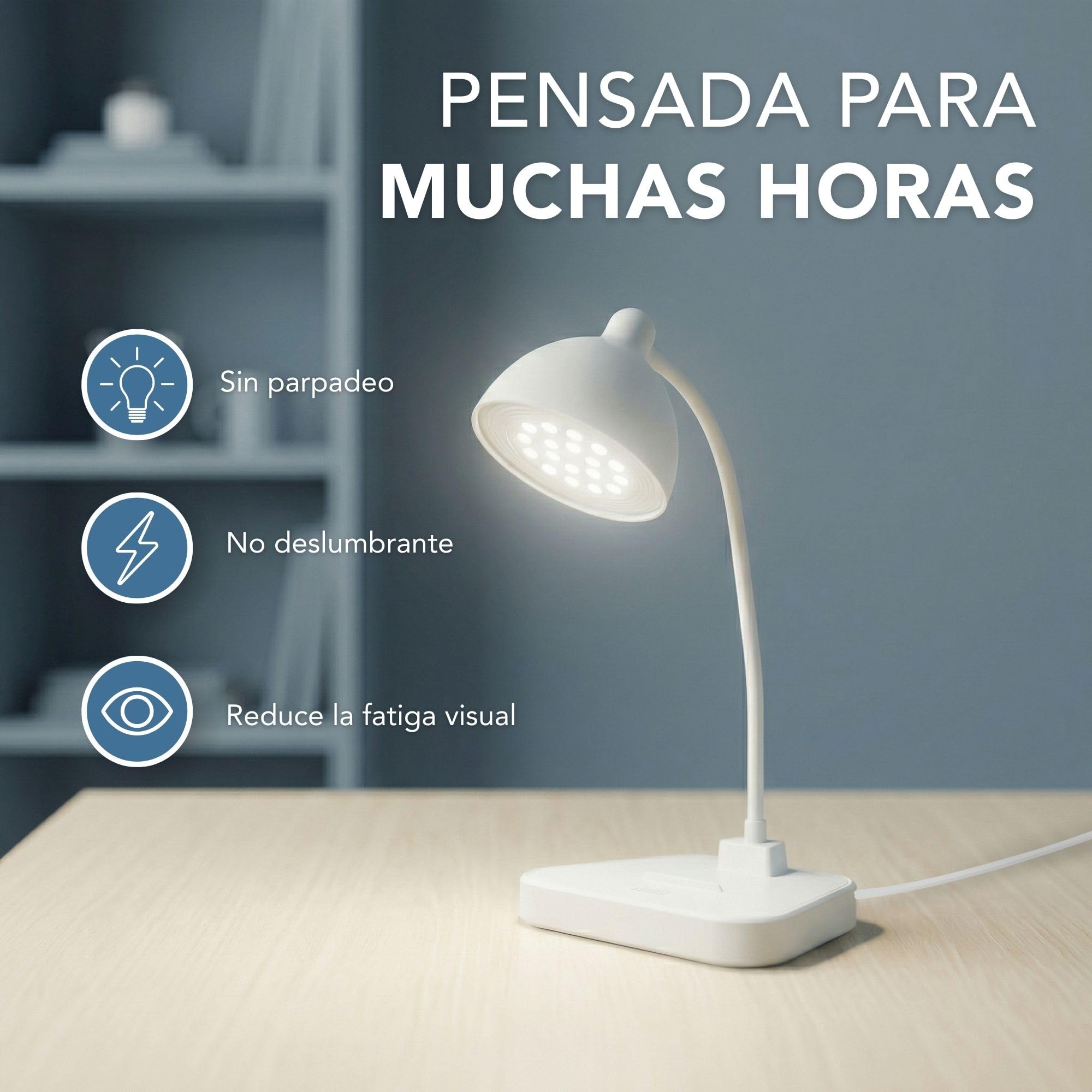 Flexo LED de Escritorio Antifatiga Ocular, Nivel de Brillo Regulable, Cuello de Cisne Flexible, Proteccion de los Ojos.