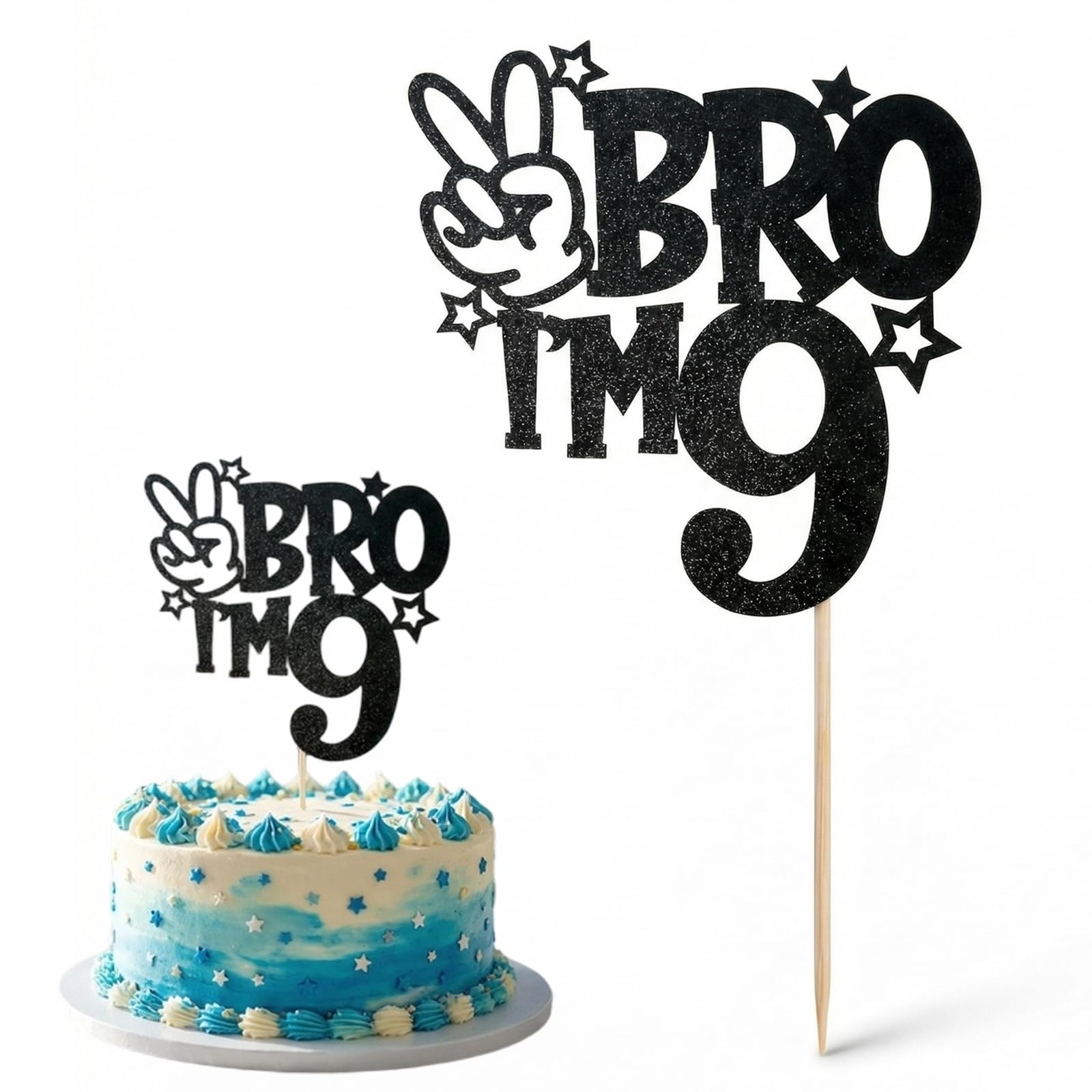 Muiltvoe Brother I'm 9 Cake Topper Glitter Happy 9th Birthday Cake Pick Bro I'm 9 Cake Decoration It's My 9th Birthday Decorations for Boys Cheers to 9 Years Old Birthday Party Supplies Black Theme