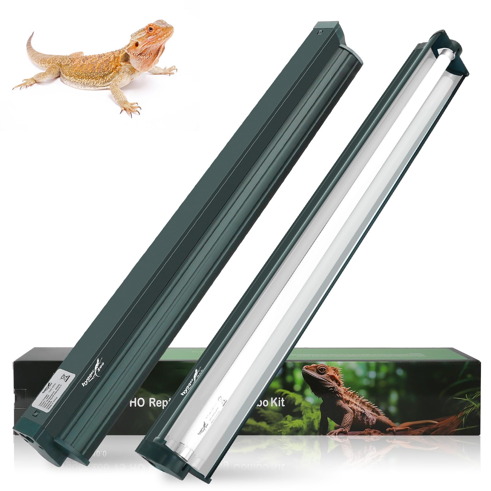 T5 Reptile Light Fixture Green Combo Kit 24W Light Fixture Reptile Terrarium Hood 10.0 UVB Light Bulb Fluorescent Tube Ideal for Tropical and Deserts Such as Bearded Dragon Lizards and Tortoises