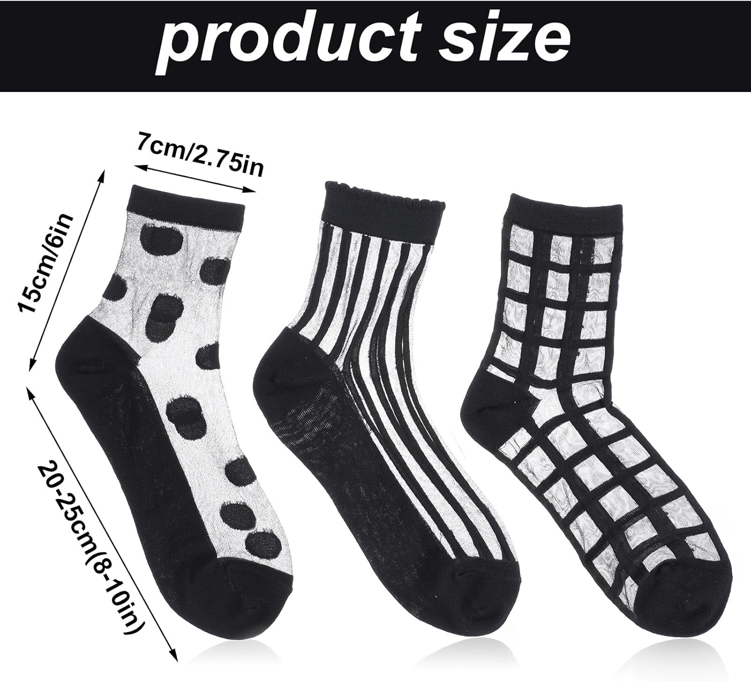3 Pairs Black Sheer Socks Women Ankle,See Through Socks for Women,Dots, Stripes and Geometric,Summer - Image 4