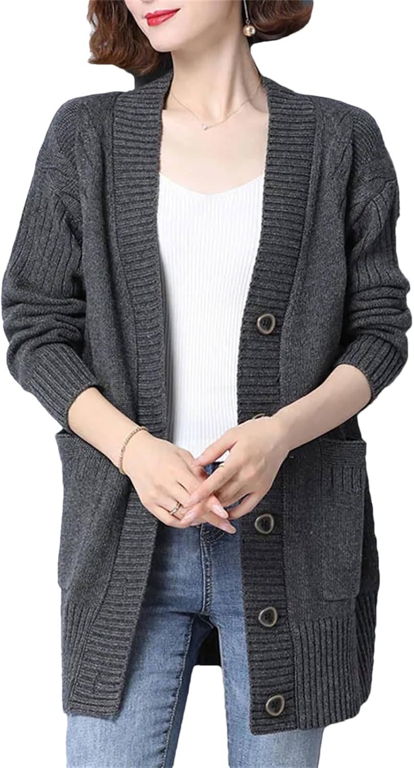 Long Sleeve Button Loose Wool Sweater for Women Single Breasted V-Neck Knitted Cardigan