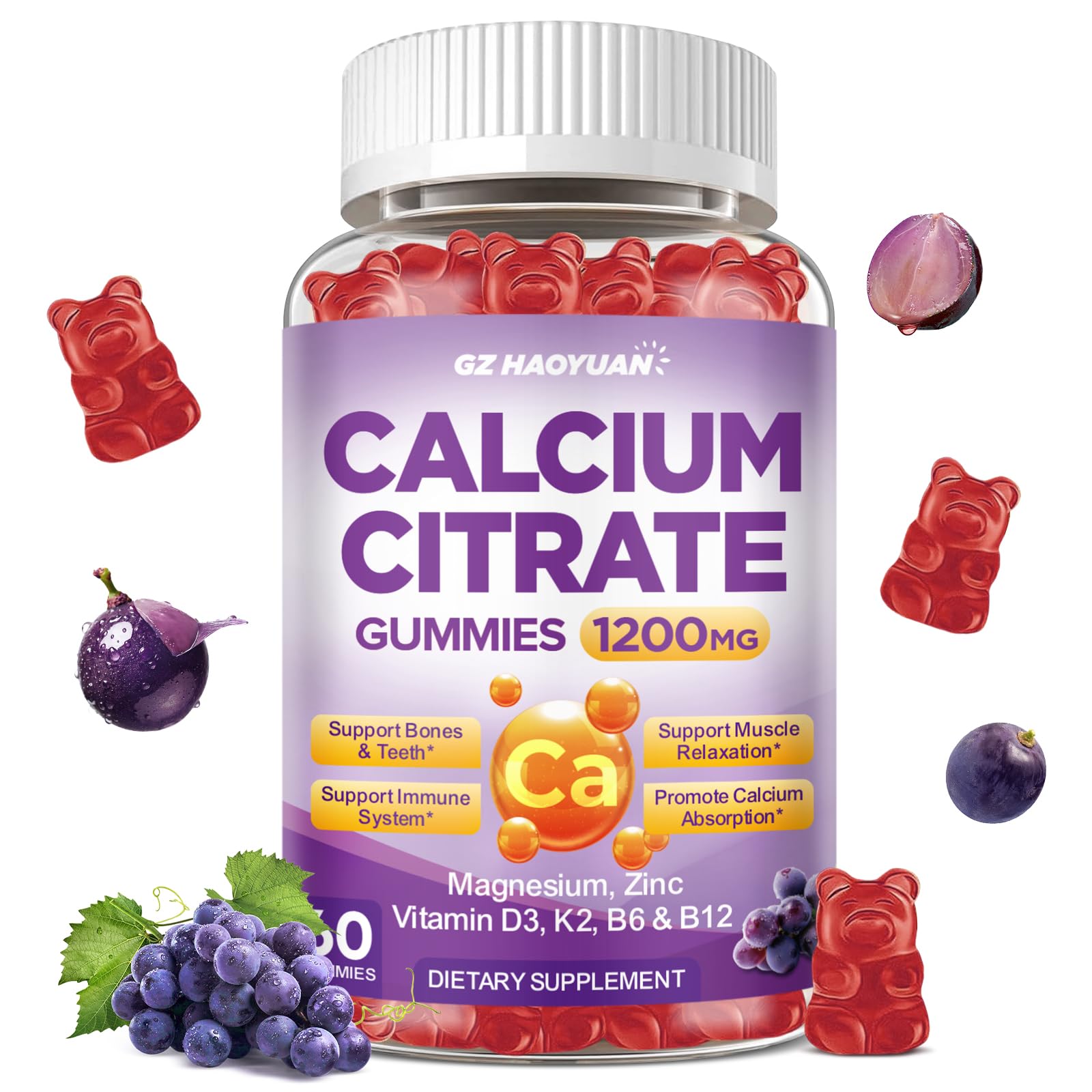 Calcium Citrate Gummies - 1200mg Calcium Gummies Supplements for Women & Men with Vitamin D3, K2, Magnesium, Zinc High Absorption for Muscle & Immune Support, Grape Flavor, 60 Count Grape 60 Count (Pack of 1)