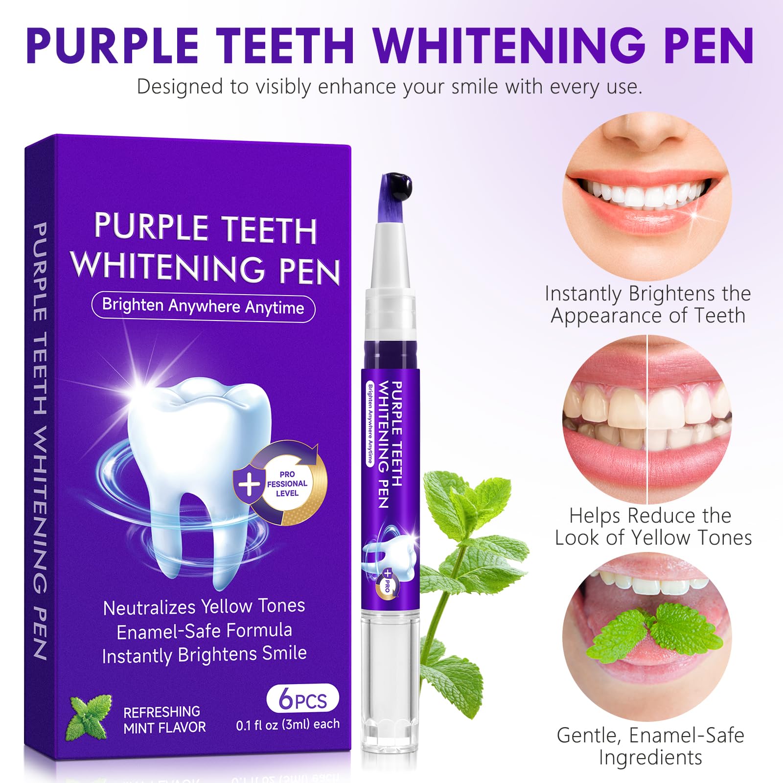 Lápiz blanqueador de dientes púrpura, 6 PIEZAS Esencia de gel blanqueador dental, fórmula suave, eliminación rápida y eficaz de manchas dentales