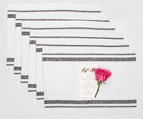 Miniatura 24 de Solino Home Juego de 4 manteles individuales de lino a rayas francesas, 100 % lino puro, color negro y natural, de 14 x 19 pulgadas, para invierno,