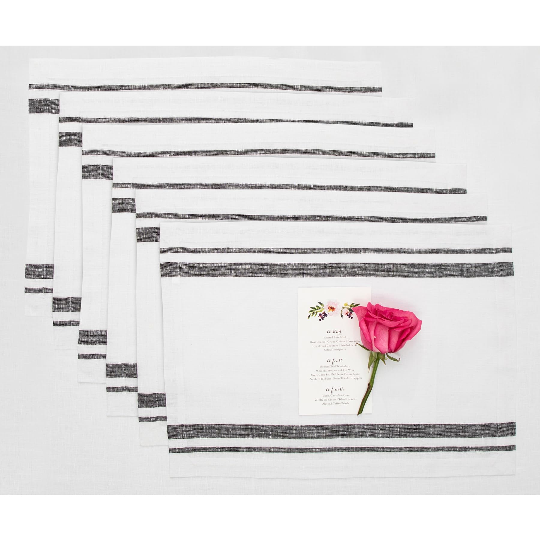 Solino Home French Stripe Linen Placemats â€“ 100% Pure Linen Cloth Fabric Placemats Set of 6, 14 x 19 Inch Black and White â€“ Farmhouse Washable Dining Place Mats for Spring, Easter, Summer