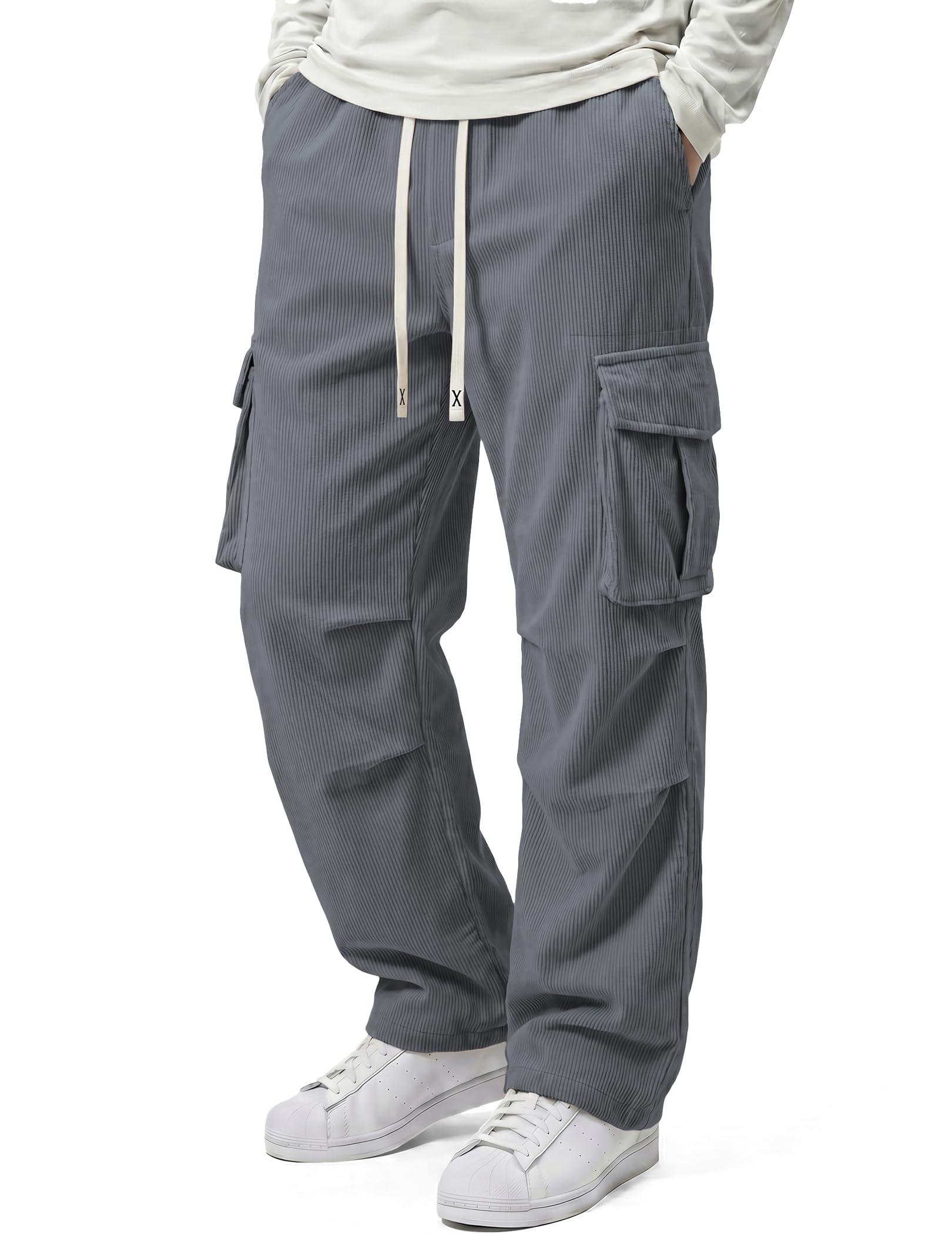 Mens Casual Corduroy Cargo Joggers Pants Baggy Tapered Sweatpants