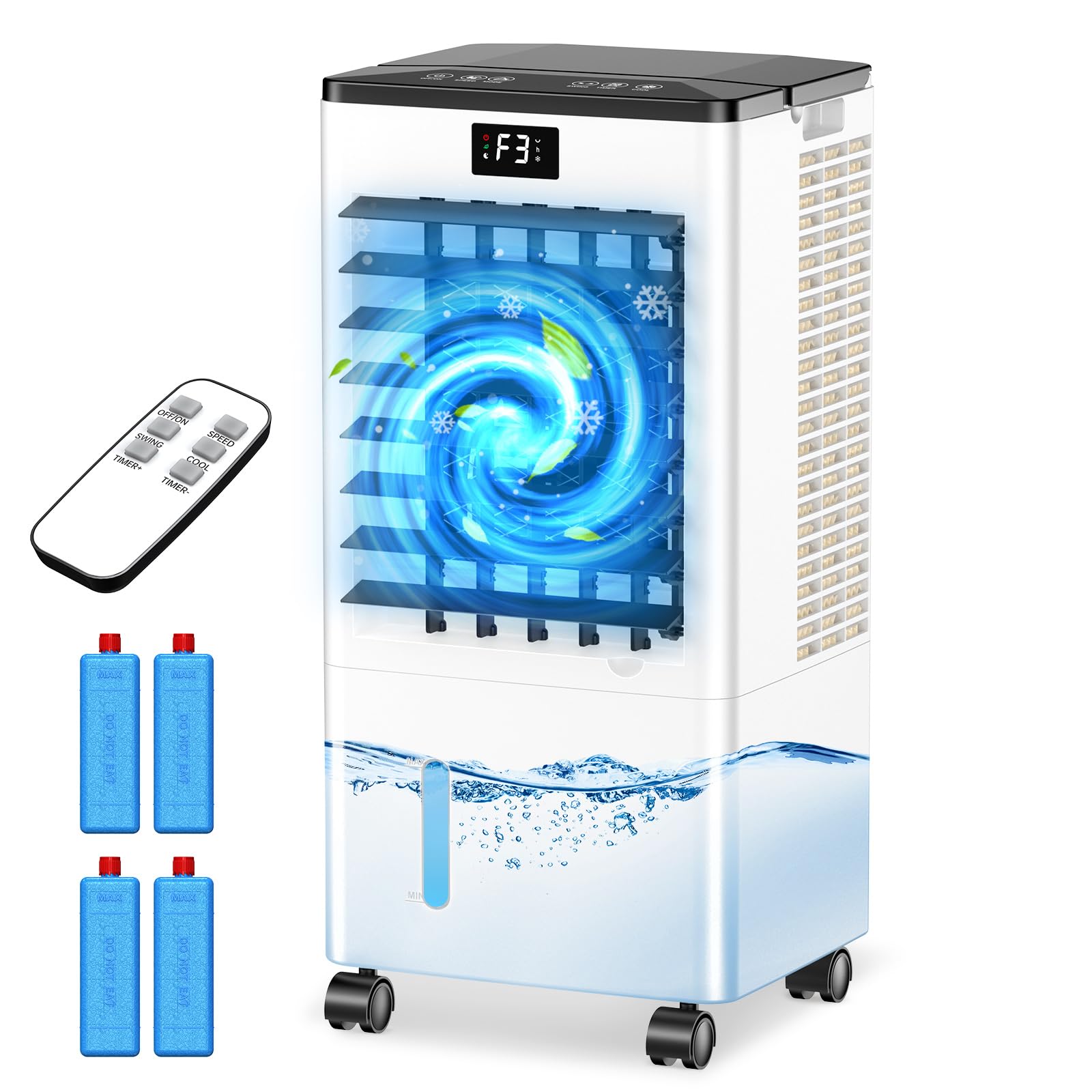 Climatiseur Mobile, 3 Modes & 3 Vitesse, Minuteur 12H, 4 Boîtes des Glacières, Grand Réservoir d'Eau, Fonction d'Oscillation, 60W Refroidisseur d'Air Évaporation avec Écran pour Chambre Bureau