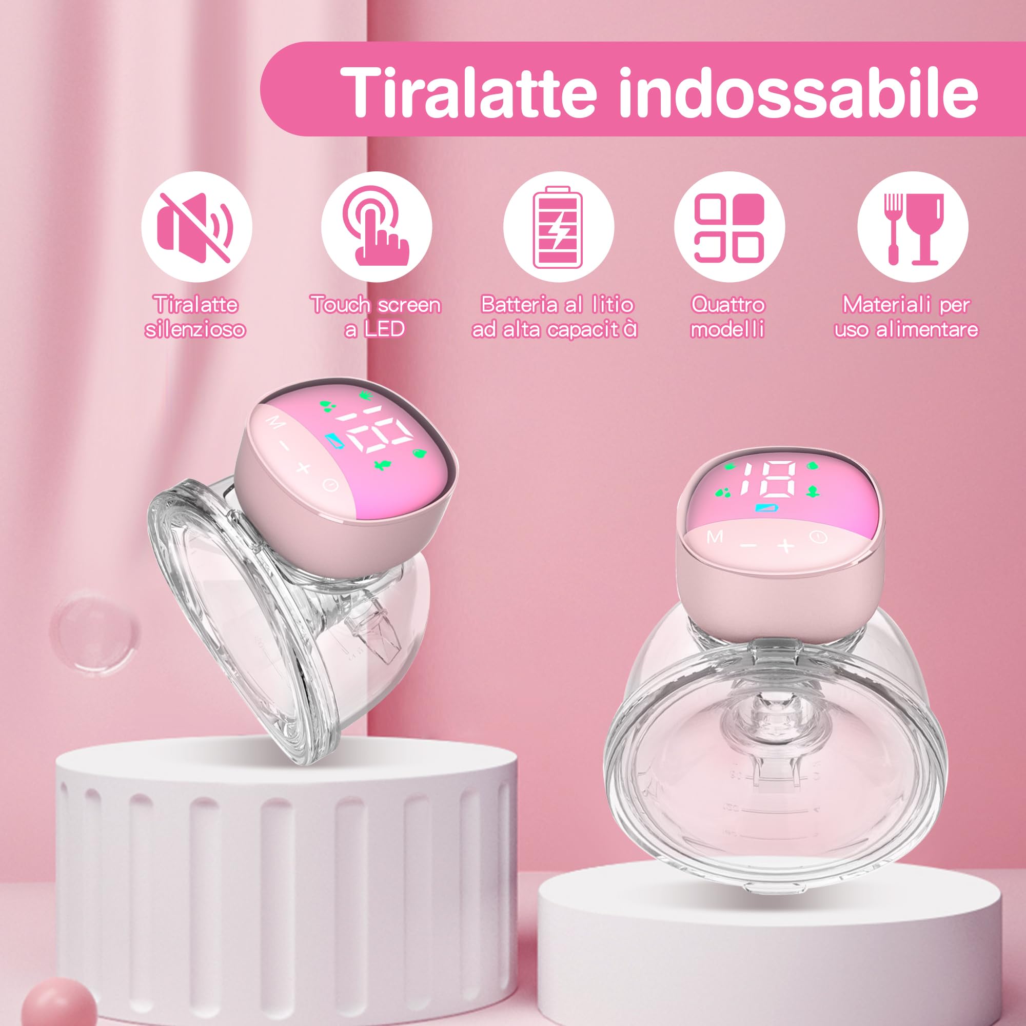 Tiralatte Elettrico Indossabile Portatile ，4 Modalità e 12 Livelli，Tiralatte Neonati Elettrico con Display LCD, Silenzioso Indolore,10 Sacchetti per la Conservazione del Latte Gratuiti (rosa(2pcs))