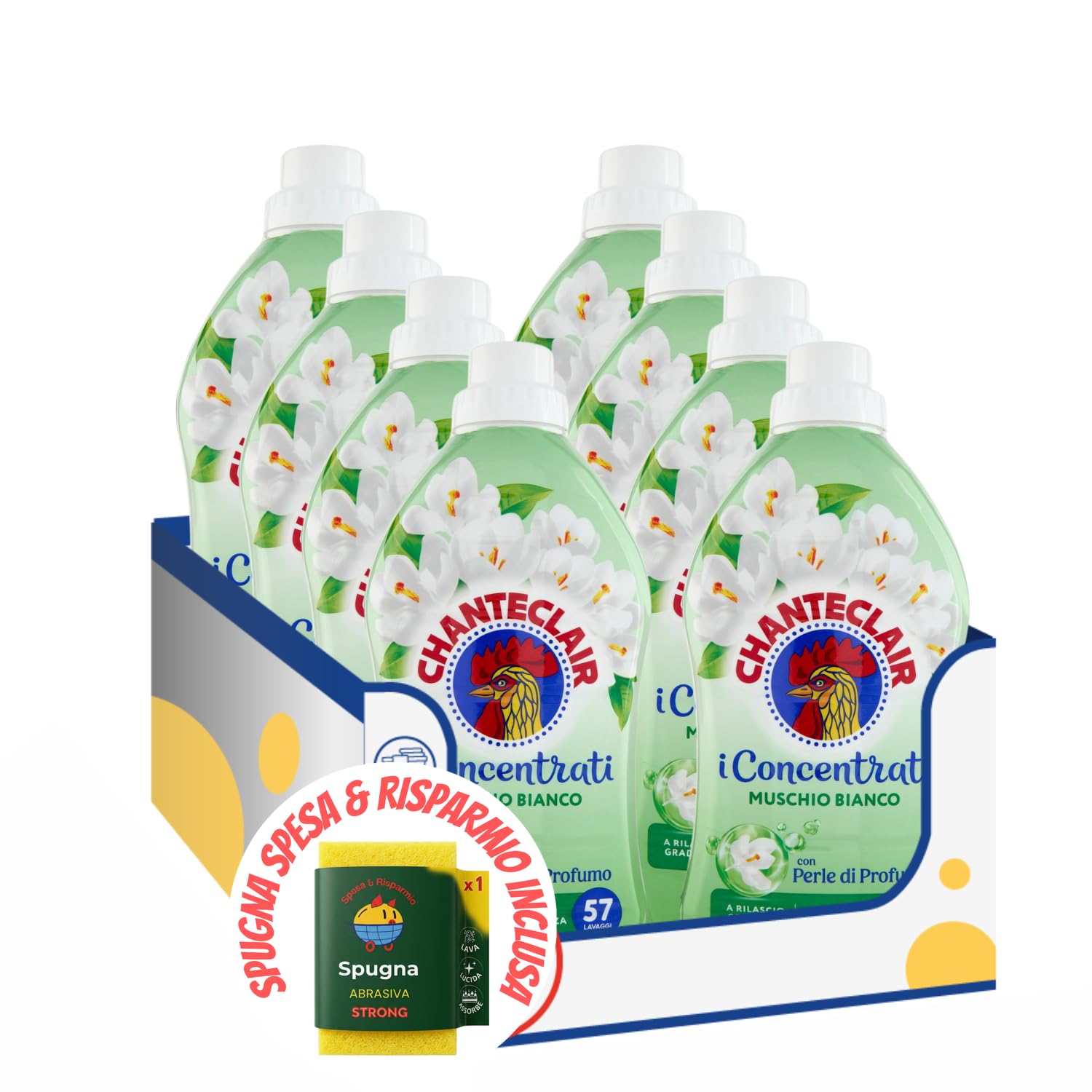 Ammorbidente Bucato Muschio Bianco – 1140 ml – 57 Lavaggi kit con Spugna Brandizzata SPESA & RISPARMIO Inclusa – Variazioni 4/8/12 Pezzi (8)