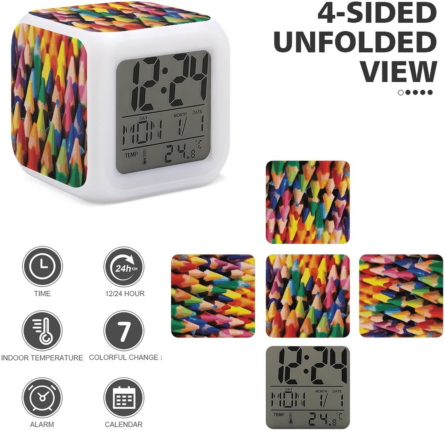 7-Color Changing Alarm Clock with Crayons Design, Multifunctional LED Digital Clock with Temperature Display Smart Digital Alarm for Home & Office Decor image 4