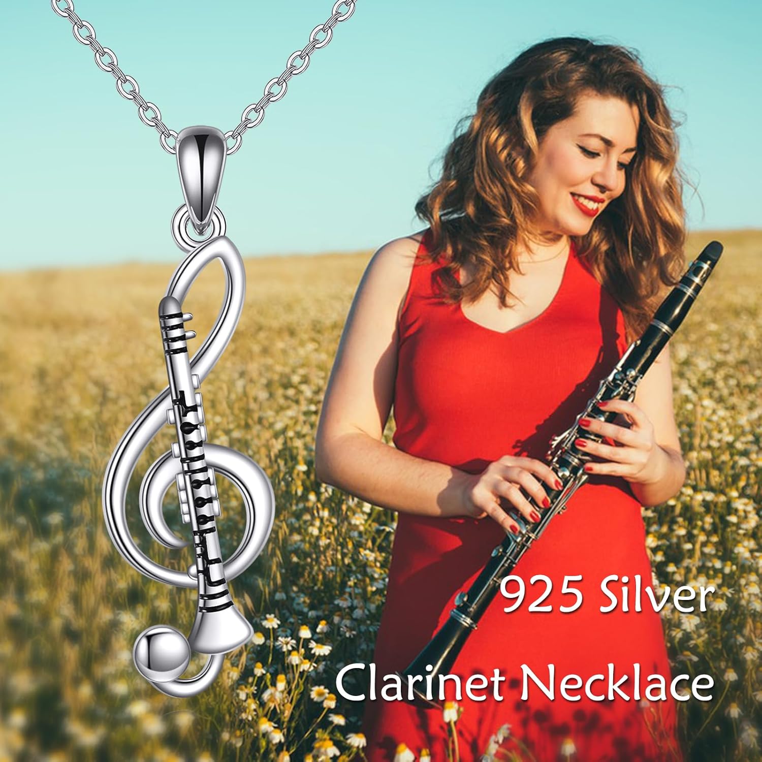 URONE Instrument Necklace 925 Sterling Silver French Horn/Harp/Violin/Drum/Trumpet Pendant Music Instrument Jewelry Gifts For Women