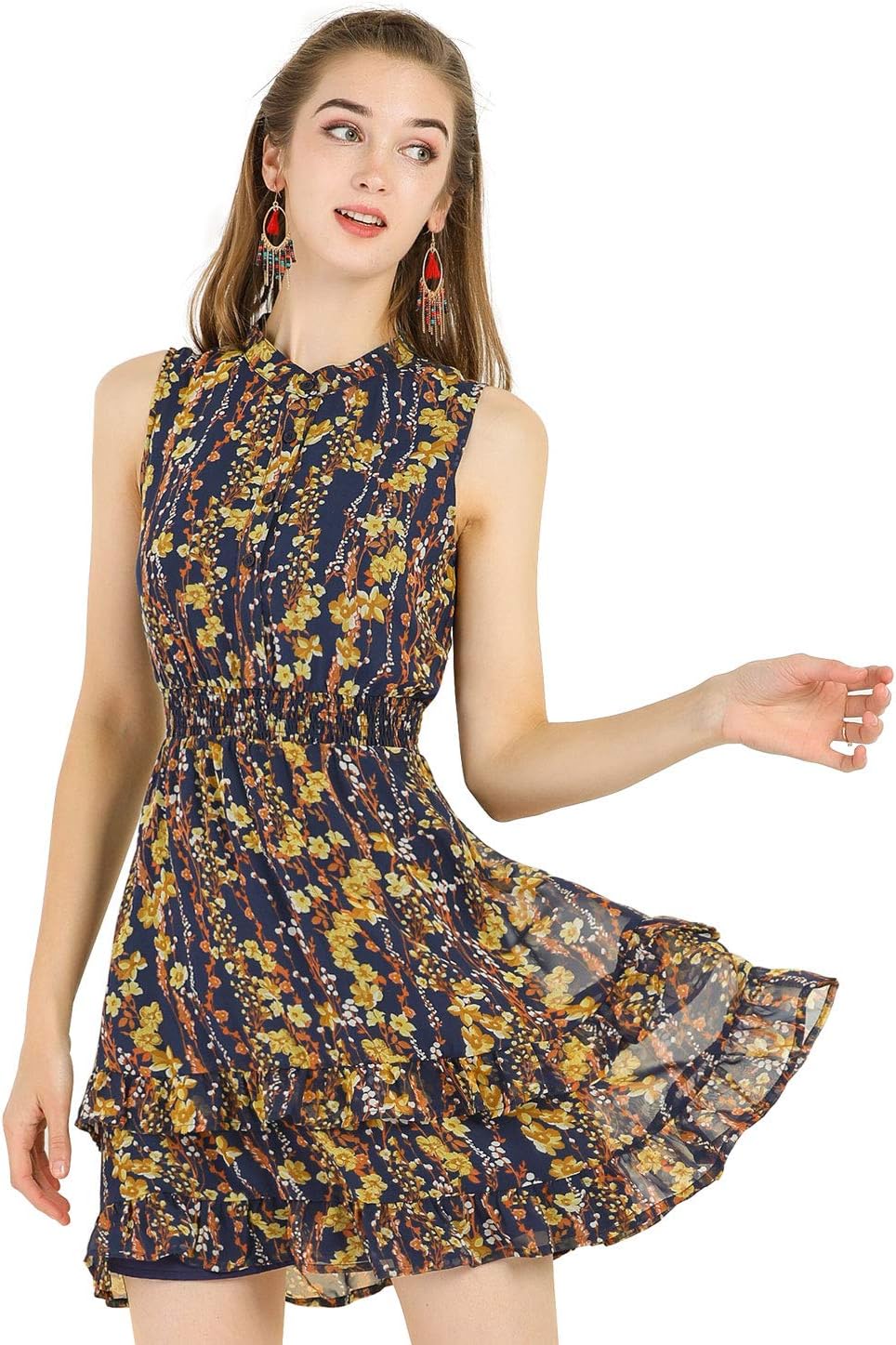 Allegra K Women's Floral Chiffon Dresses Smocked Mini Sleeveless A-Line Dress