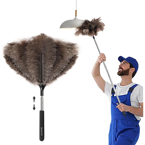 Soarer Extendable Ostrich Feather Duster - 40 inches Fluffy Long Handle Reusable Feather Duster for Cleaning Ceiling Fan,Pendant lamp, High Ceiling, Blinds, Furniture
