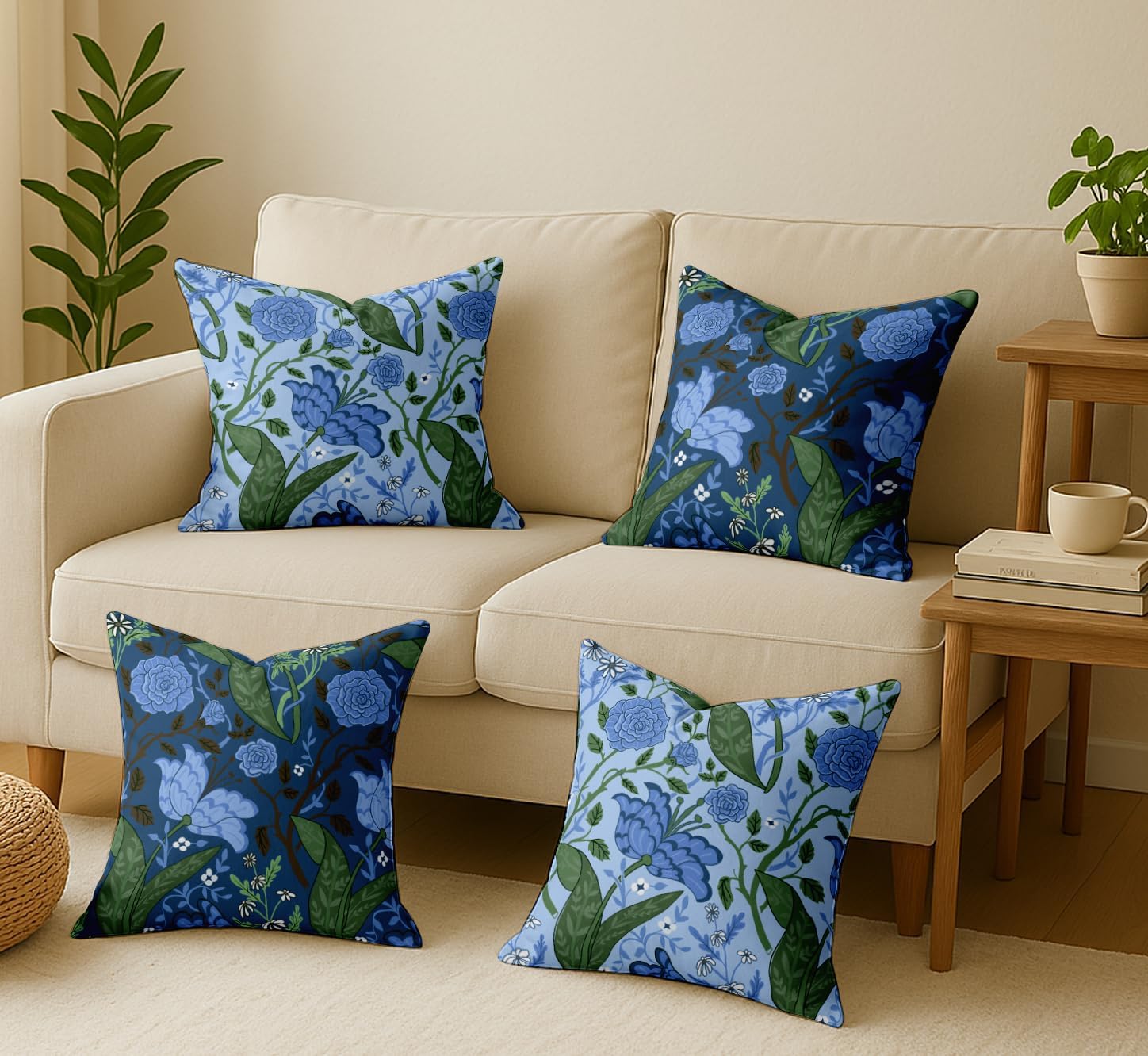 16x16 Inch Cushion Covers Set of 4 - Premium Cotton, Leaves Print, Reversible Printed Pillow Covers with Concealed Zipper - Blue