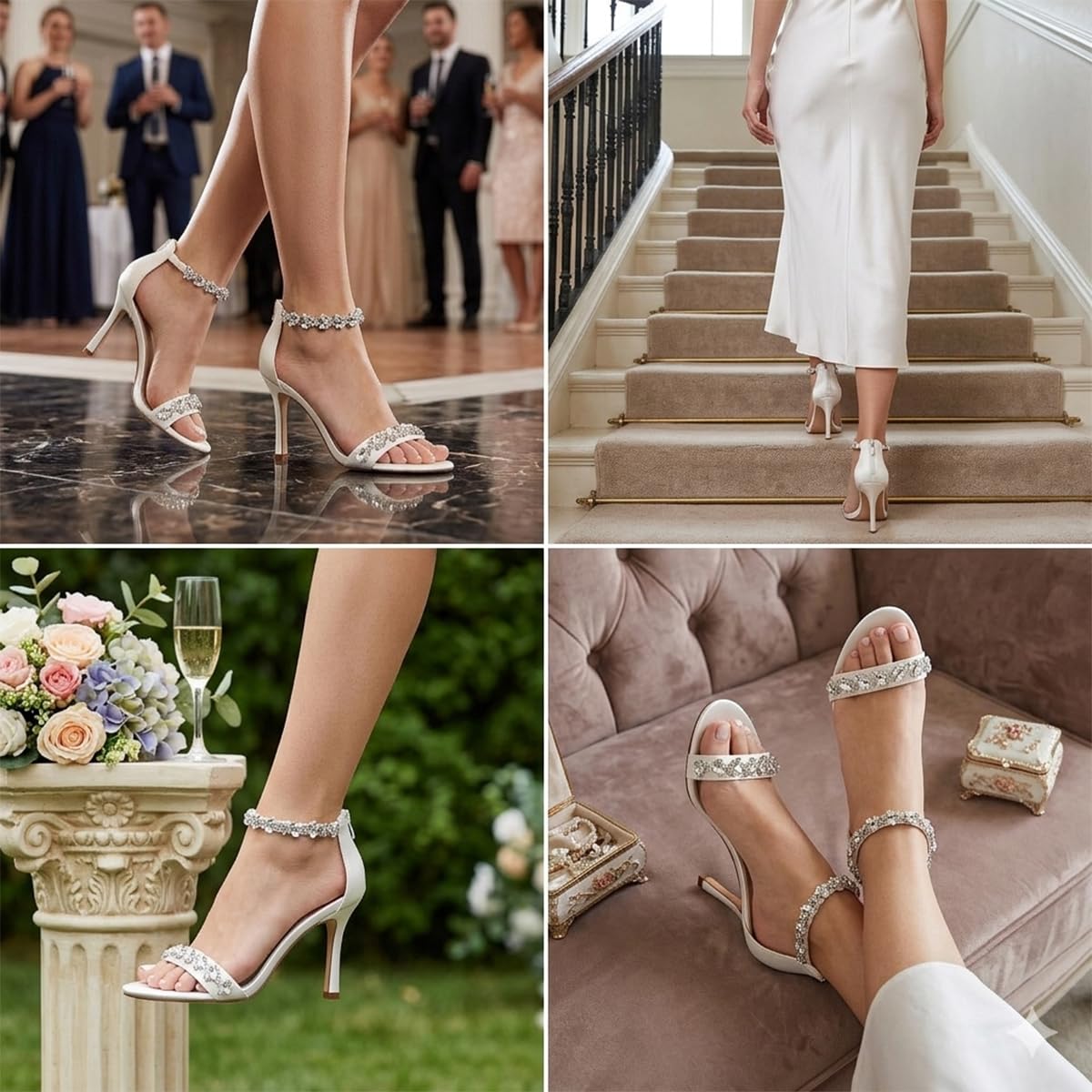 Sandalias de Satén con Tira de Cristales para Mujer Tacones de Boda Elegantes con Cremallera Trasera y Joyas