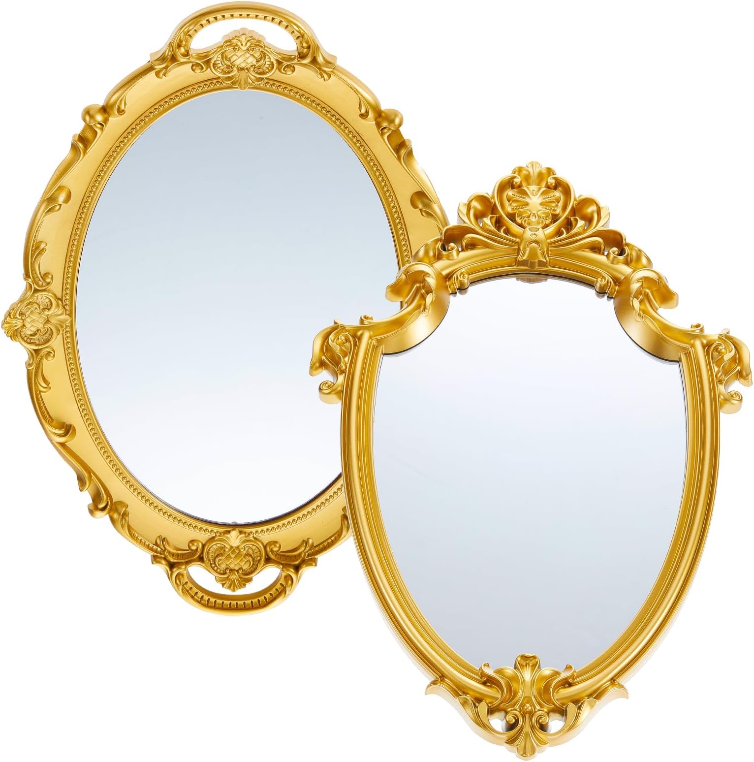 Beeveer 2 Pcs Vintage Gold Mirror Set Including 14.5 x 9.8 Inch Oval Decorative Jewelry Tray 16.3 x 11.2 Inch Antique Wall Mirror Gold Shield Shape Victorian Decor for Bedroom Bathroom Wedding