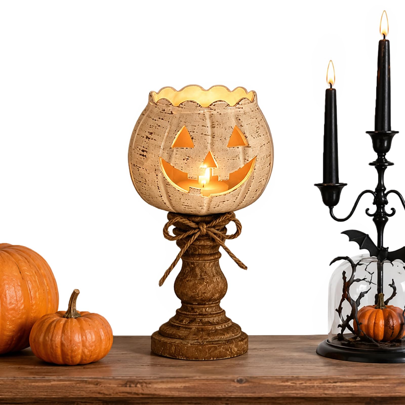 White Pumpkin Tealight Candle Holder, Halloween Jack-o'-Lantern Stand
