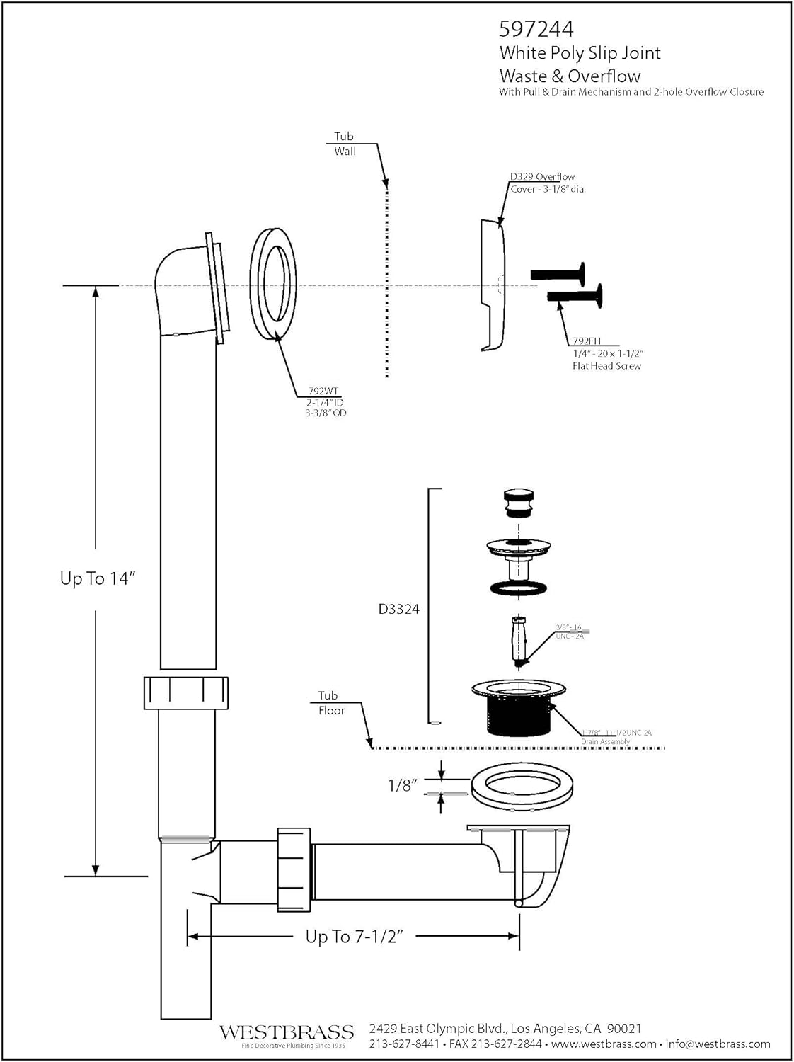 Westbrass 597244-12 White 1-1/2" Tubular Pull & Drain Bath Waste Drain Kit with 2-Hole Overflow Faceplate, Oil Rubbed Bronze