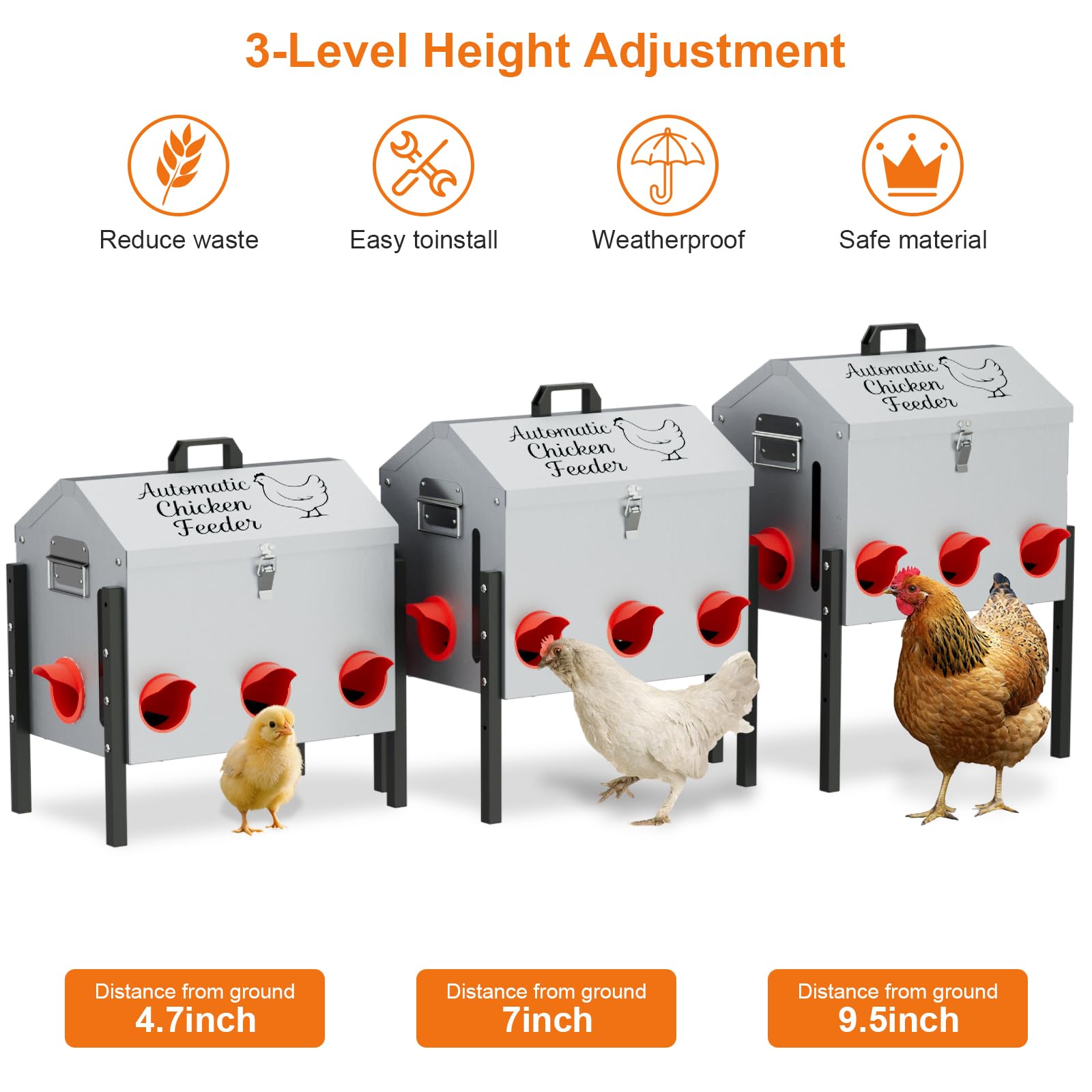Comedero grande de metal para pollos de 50 libras, 8 puertos de alimentación, comedero para aves de corral sin desperdicio, con patas ajustables y tapa de bloqueo