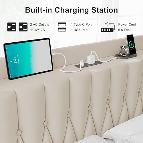 Miniatura 11 de Base de cama de cuero tamaño matrimonial con estación de carga rápida, camas de plataforma de metal con cabecera y estribo tapizados, espacio de