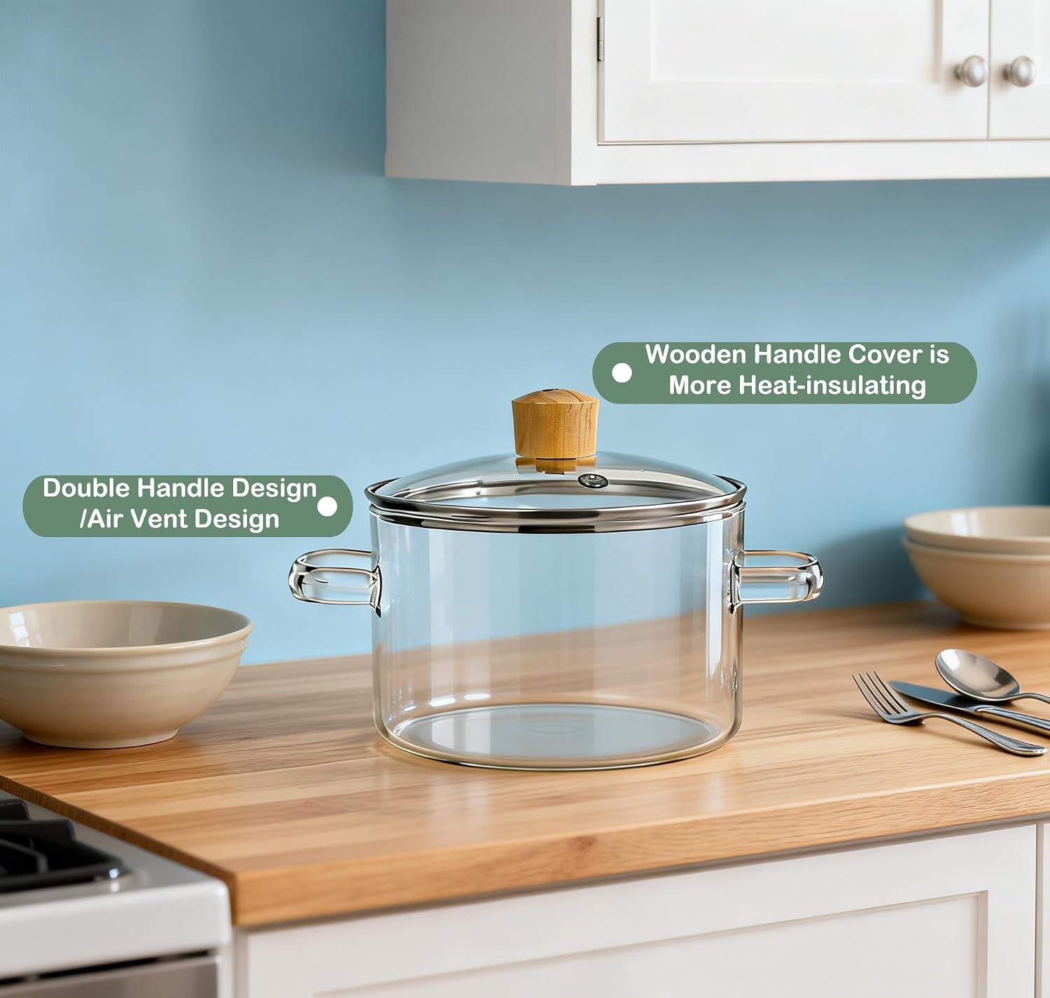 60 oz Glass Simmer Pot, Glass Clear Pots for Cooking on Stove, Heat Resistant Glass Cooking Pot with Lid, Easy Clean Small Pot for Cooking, Saucepan Pot for Noodle, Soup, Cereals, Fruit, Pasta, Milk