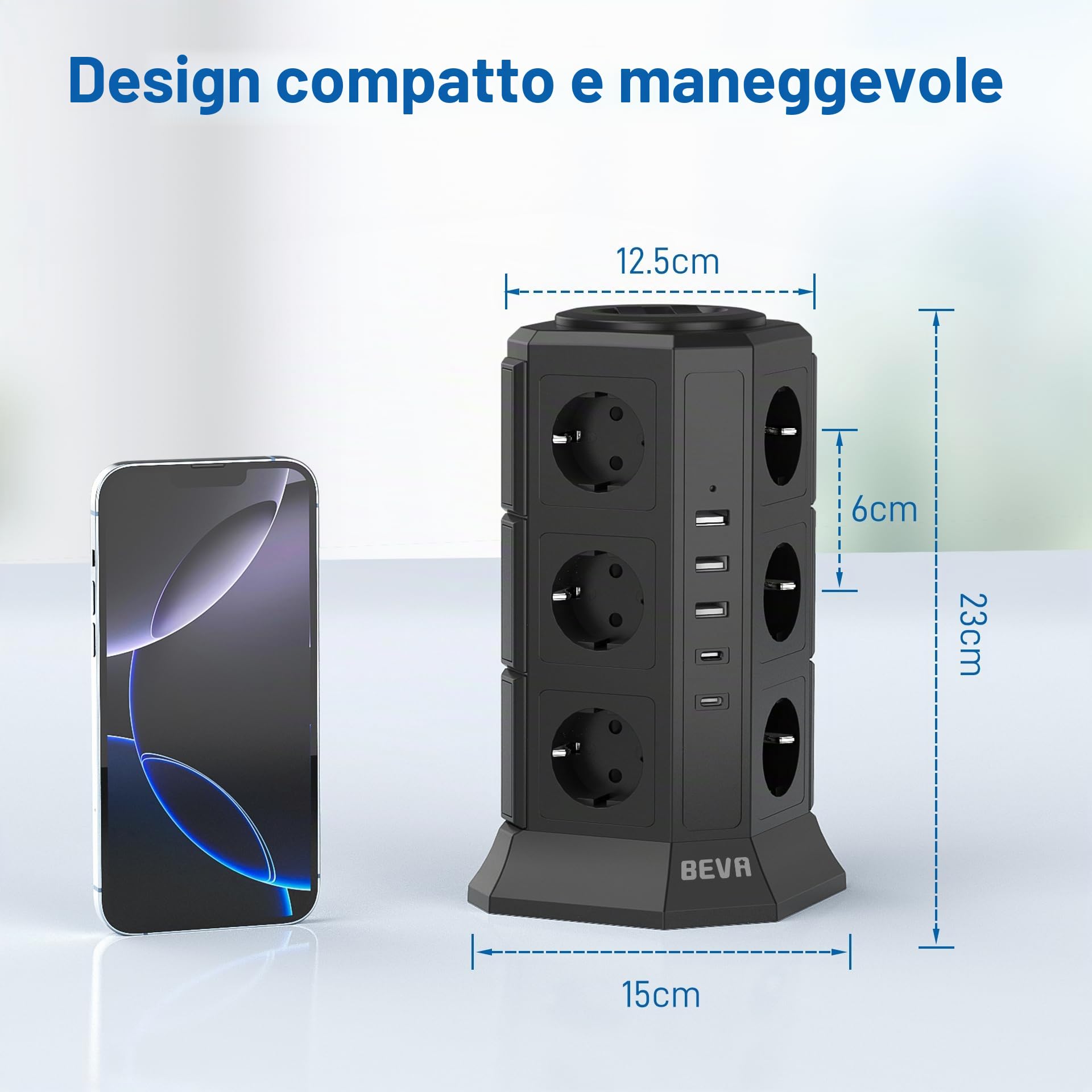 BEVA - Ciabatta elettrica a 12 prese, 5 prese USB, multipresa, protezione da sovratensioni e cortocircuito (con 2 interruttori e cavo da 2 m, 2500 W/10 A)