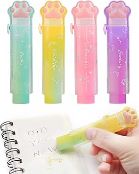 Benvo 4Pcs Sliding Retractable Pencil Erasers with Cat Paw Plastic Sleeve Cute Jelly Erasers for School Office Clean Erase RubberGradient Color