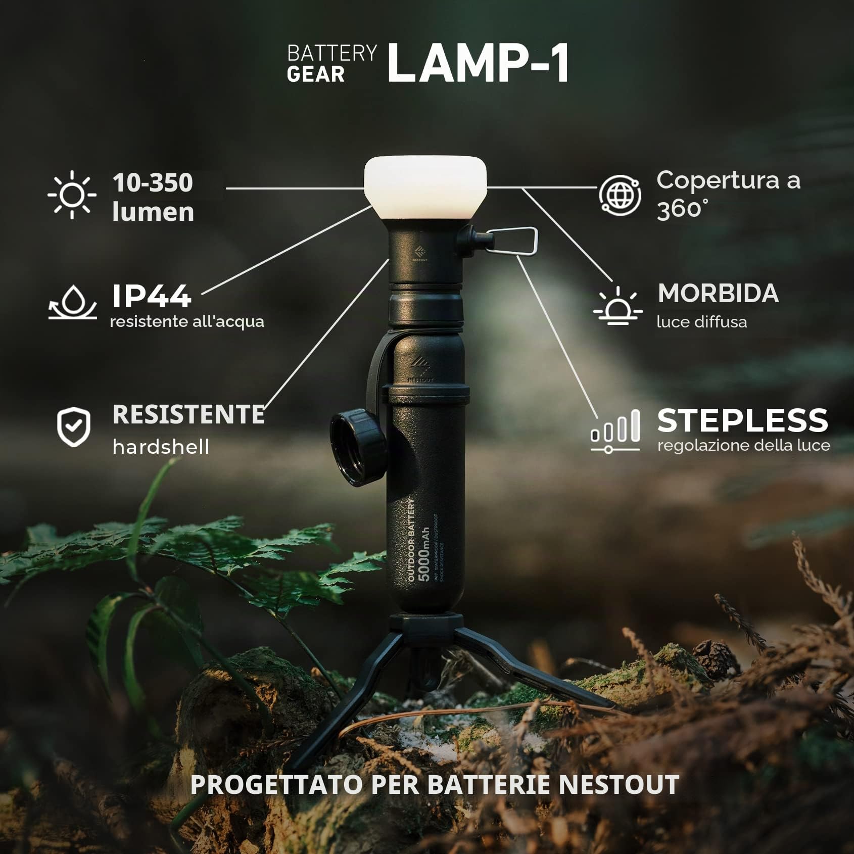 ELECOM NESTOUT Outdoor Camping LED Lantern w/ Mini Tripod, Dimmable USB Powered Soft LED Light, IP44 Water Dust Resistant, 10-350 Lumen, Portable Lamp for NESTOUT Power Bank, Black (LAMP-1)