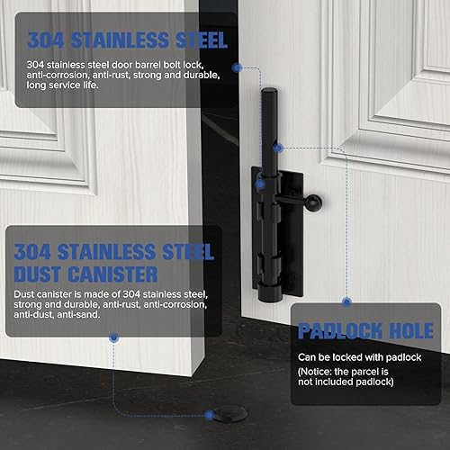 Miniatura 3 de Pestillo de perno de barril, cerradura de puerta de perno deslizante, 6.3 pulgadas, resistente acero inoxidable 304, acabado negro, para valla,