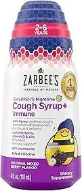 Zarbee's Xarope para tosse com mel noturno infantil + imune para crianças a partir de 2 anos, xarope para tosse com mel escuro calmante, sabugueiro verdadeiro, vitamina D, zinco e camomila, sem
