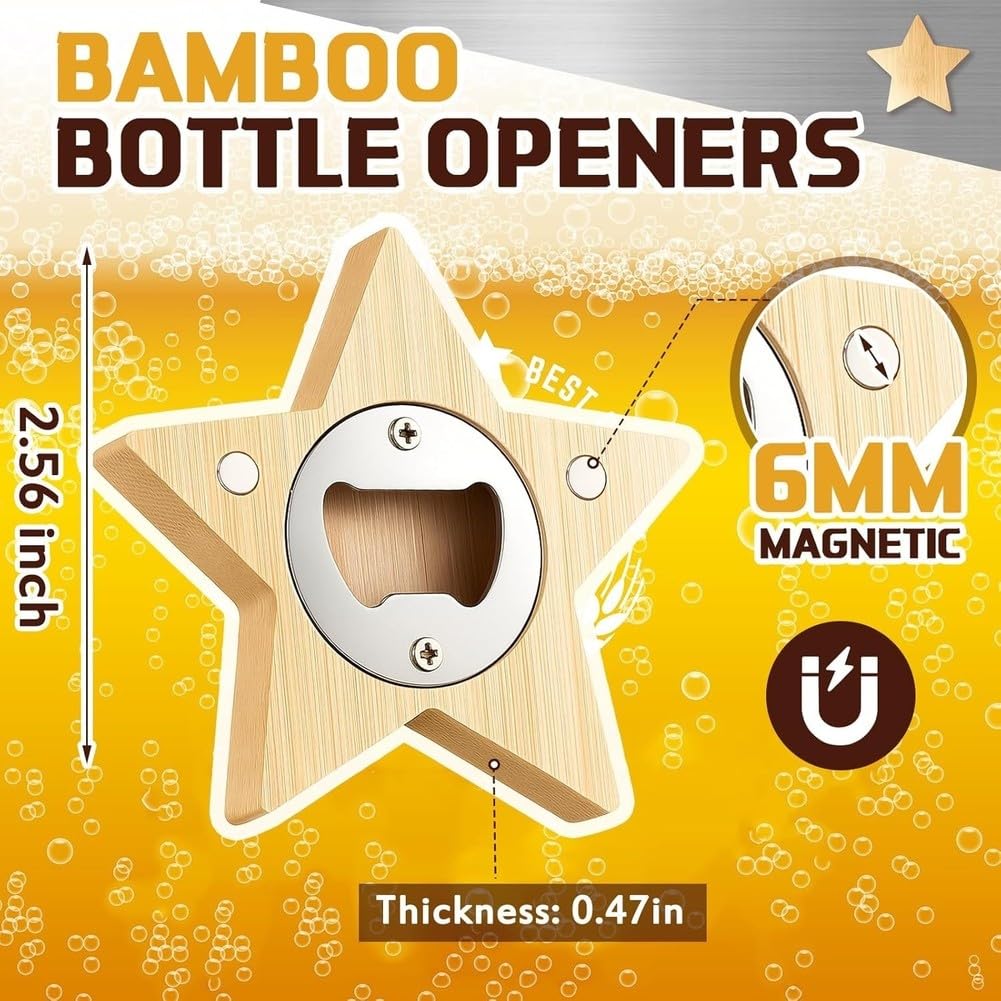 24 Piezas Abrebotellas Magnéticos 2.5in Forma de Estrella de Bambú DIY Abrebotellas de Cerveza Imán de Nevera