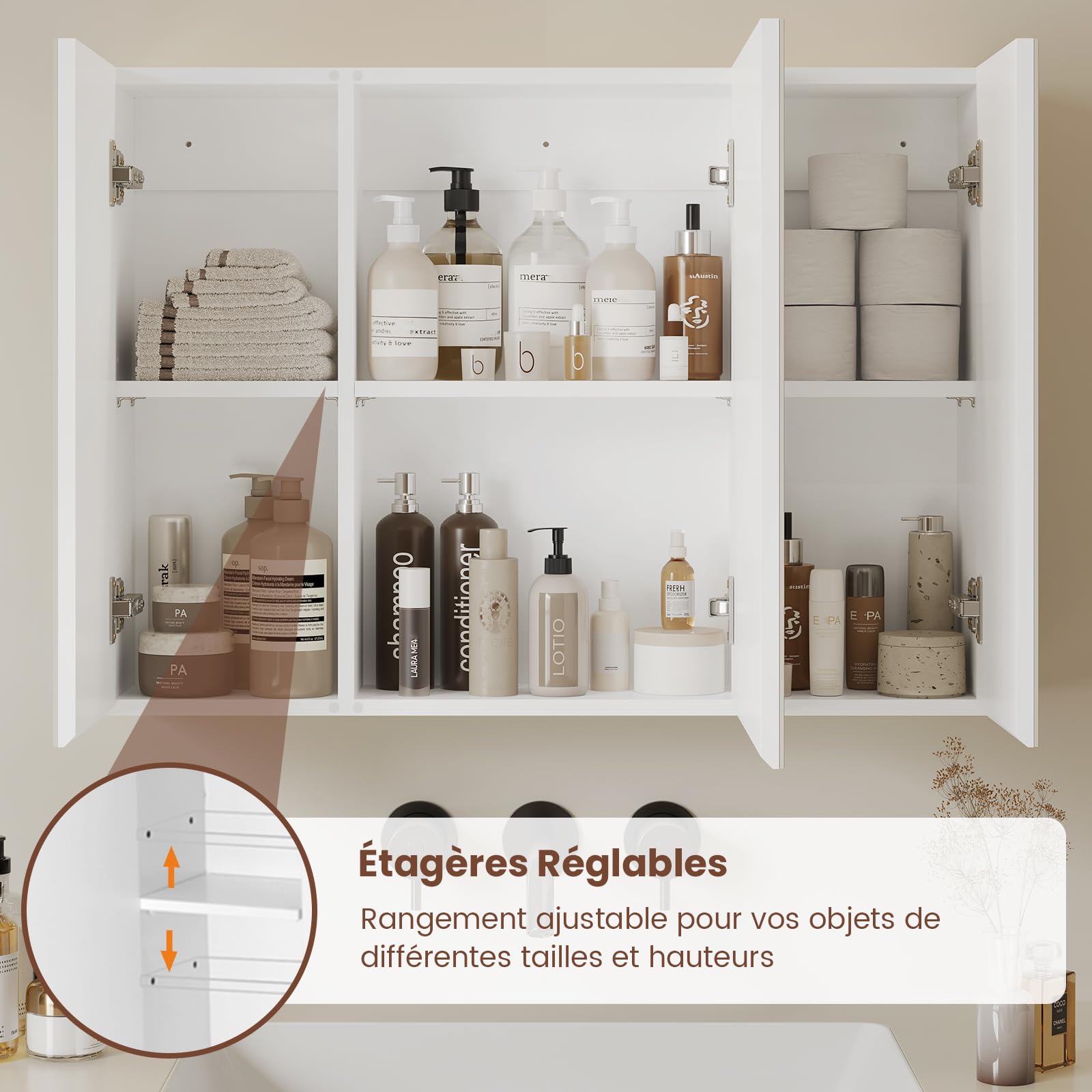 DICTAC Armoire Murale Salle de Bain avec Miroir 80×60×16cm Meuble Salle de Bain avec 3 Portes,Armoire Toilette Miroir avec Étagère Réglable, Blanc-80×60×16cm