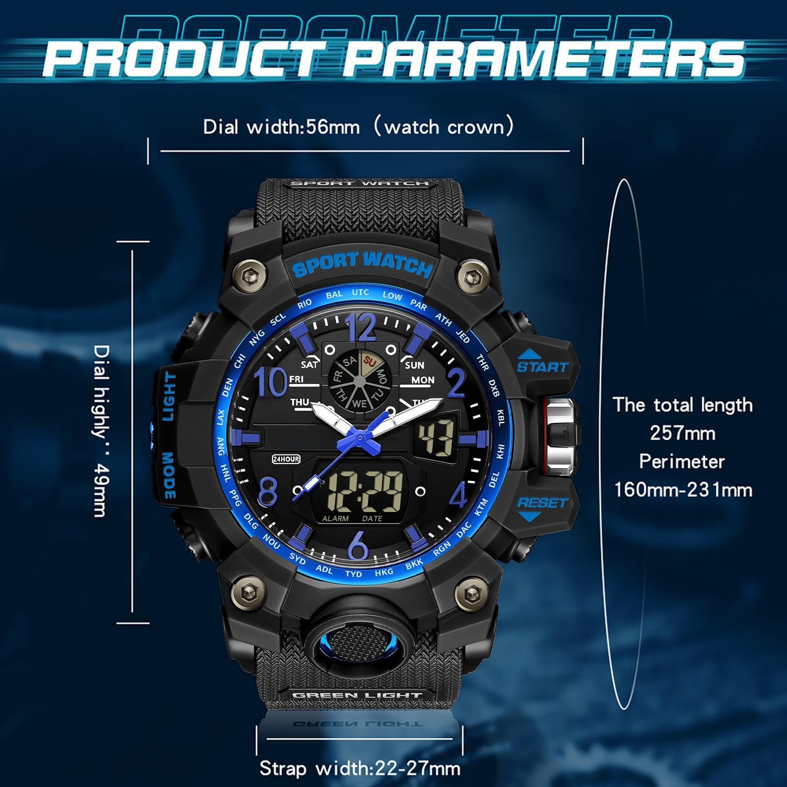 findtime Orologio militare, da uomo, digitale, sportivo, blu, verde, nero, orologio digitale, cronografo, da uomo, 5 ATM, impermeabile, militare, orologio tattico, per attività all'aperto, cronometro,