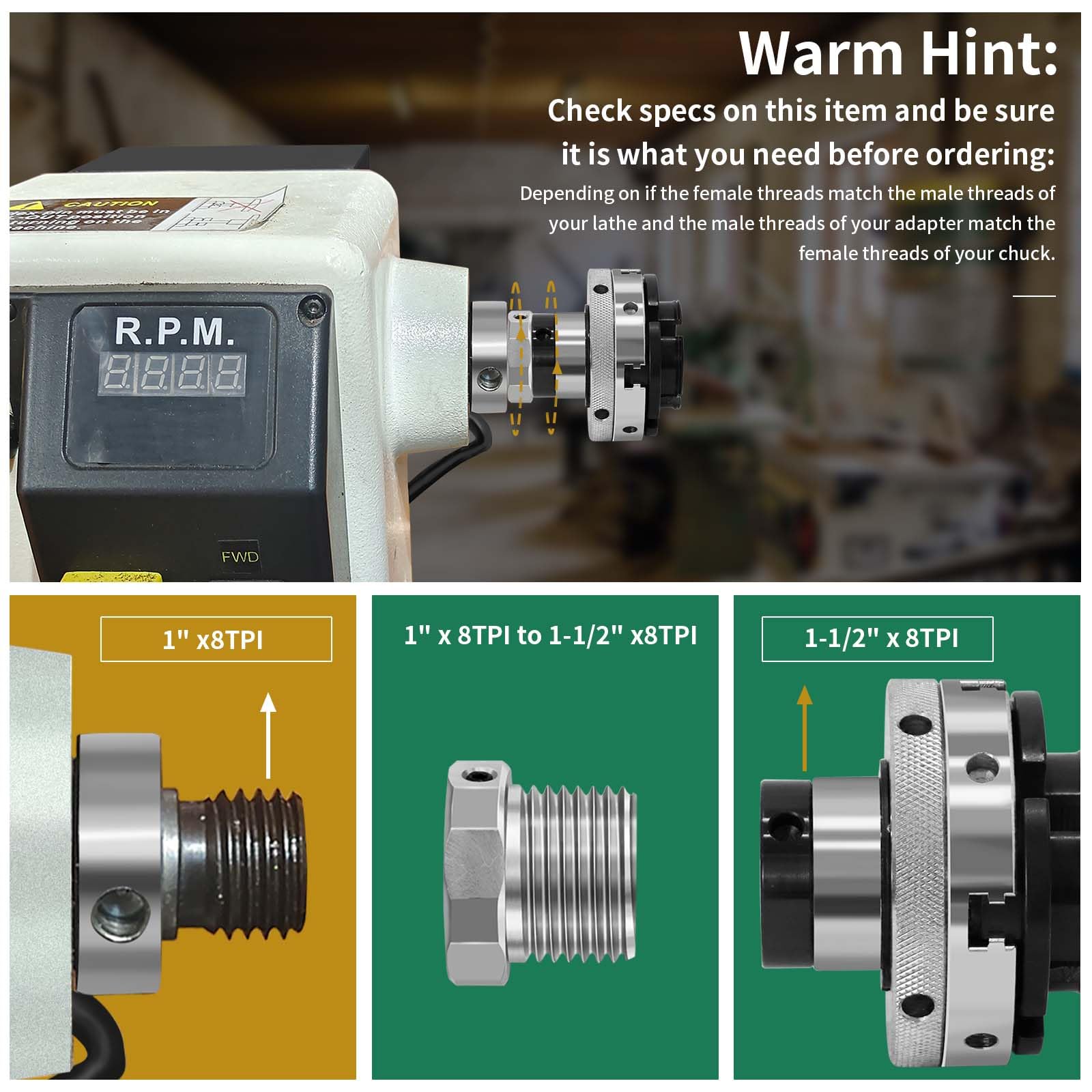 Adapter wrzeciona wrzeciona wrzeciona tokarskiego, konwertuje 1"x8 TPI na 1-1/2-8 TPI do tokarki do obróbki drewna