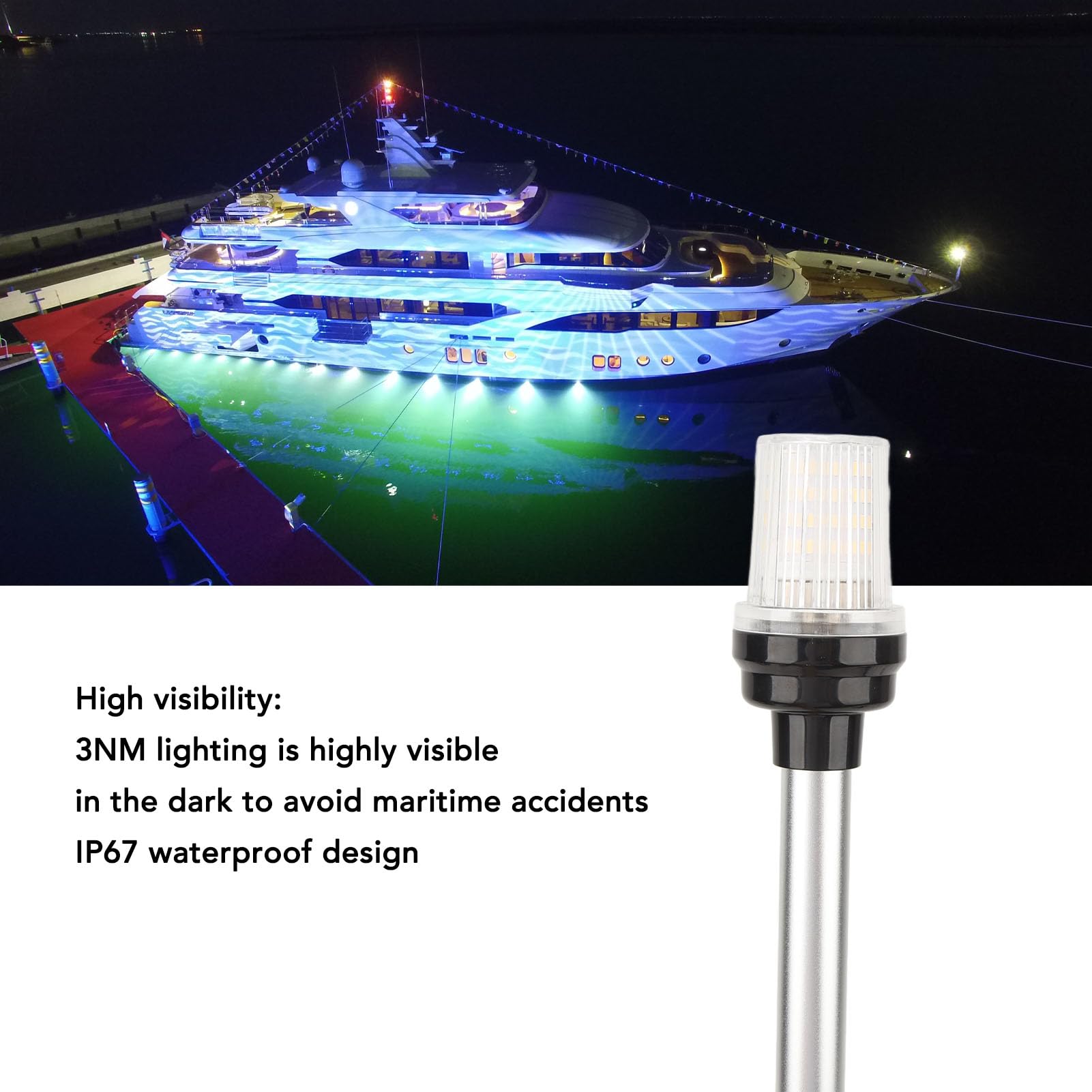 Luce di Ancoraggio Marina a LED Asta in Alluminio Resistente Alla Corrosione Luce di Poppa per Barca Ruotabile a 180°, di Navigazione con Base in Acciaio Inossidabile da 24 Pollici per