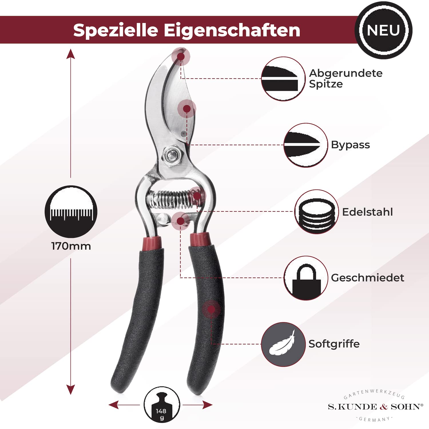 S. Kunde & Sohn Germany – SKS 6 Tradition Gartenschere Schwarz + SKS T1 Trageetui + Ersatzklinge GRATIS