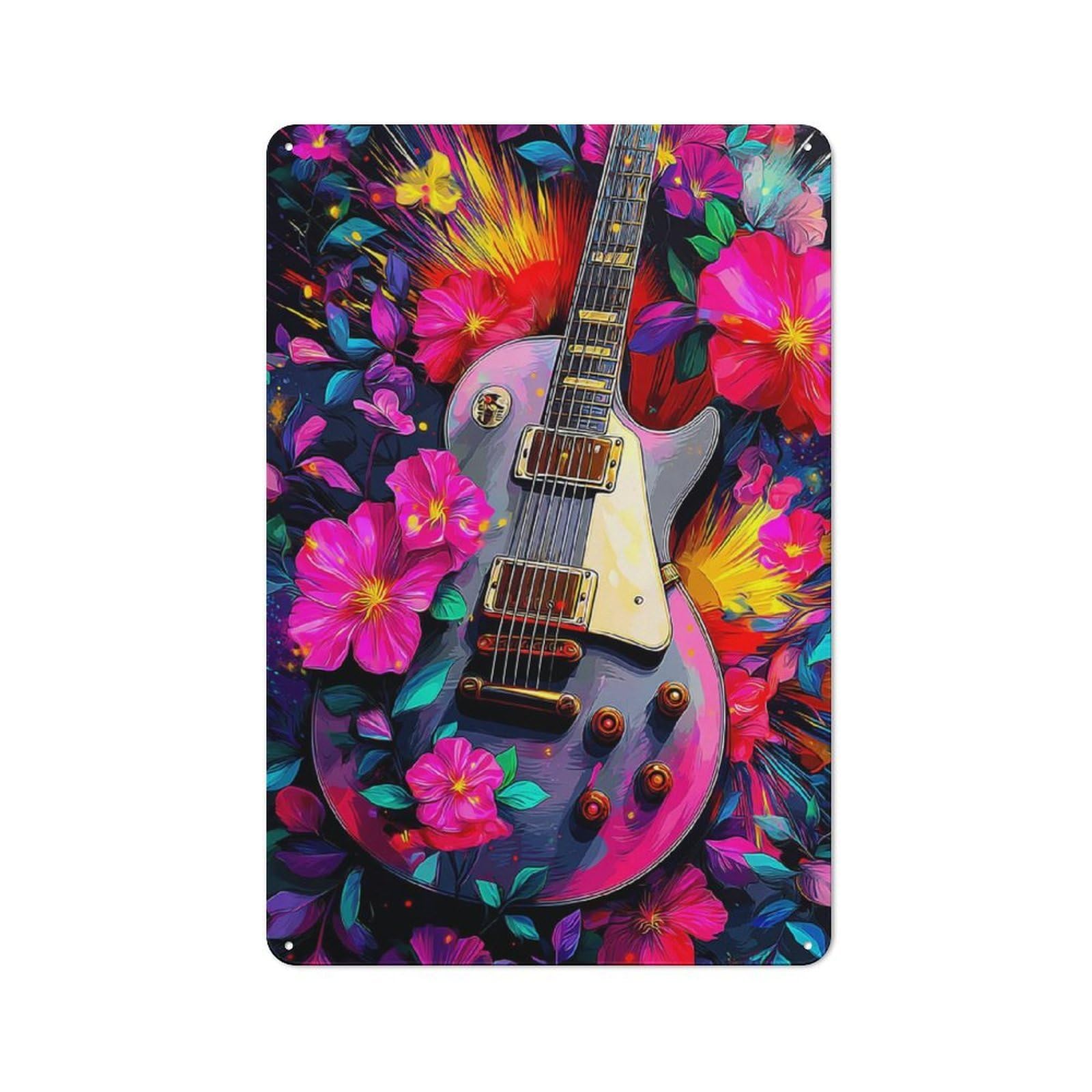 Junmoney Floral Fusion Guitar Artwork -1 Cafe Metal Sign 30X20cm, Shop Front Style Restaurant Wall Art For Takeaway, Bar, Kitchen Or Counter Area